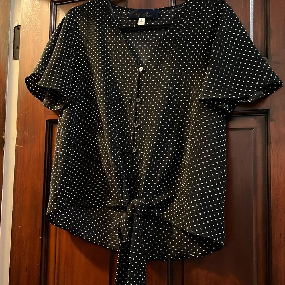 Black and white polka dot button down